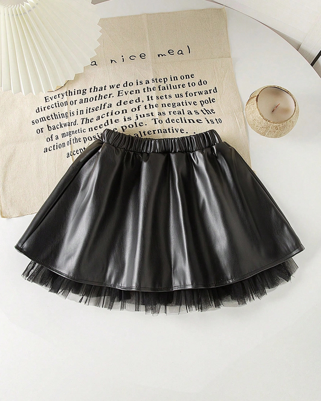 Girls PU Leather A-Line Skirt with Lace Hem