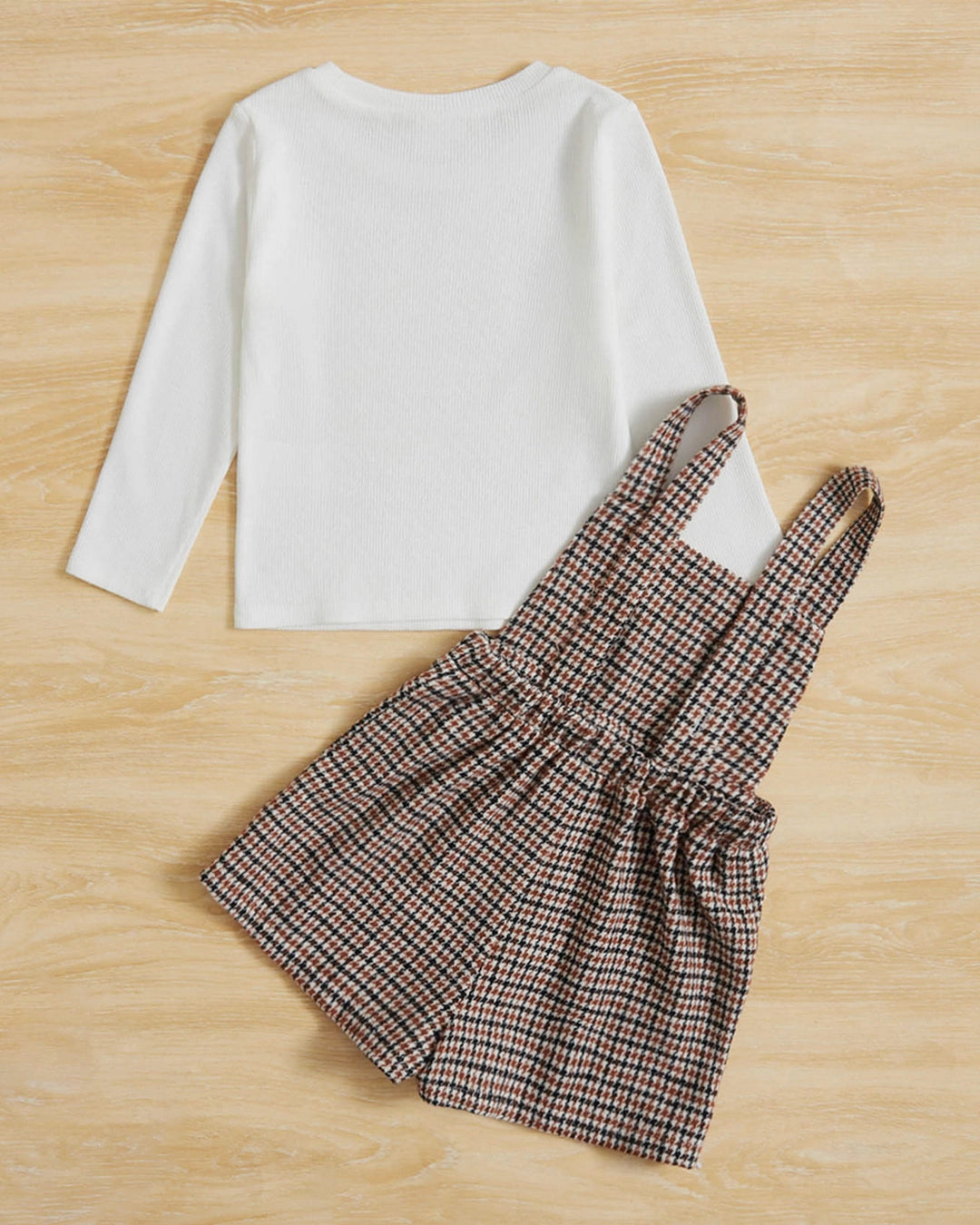 Young Girl Mock Neck Tee & Plaid Overall Dress Set