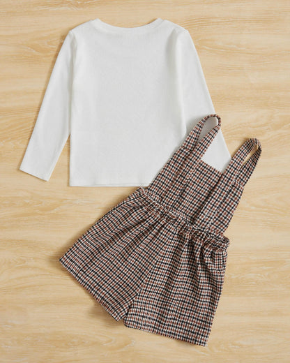 Young Girl Mock Neck Tee & Plaid Overall Dress Set