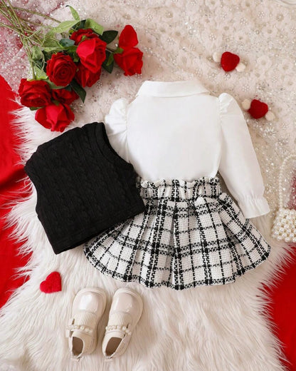 Baby Girl Puff Sleeve Top & Gingham Skirt with Vest Set