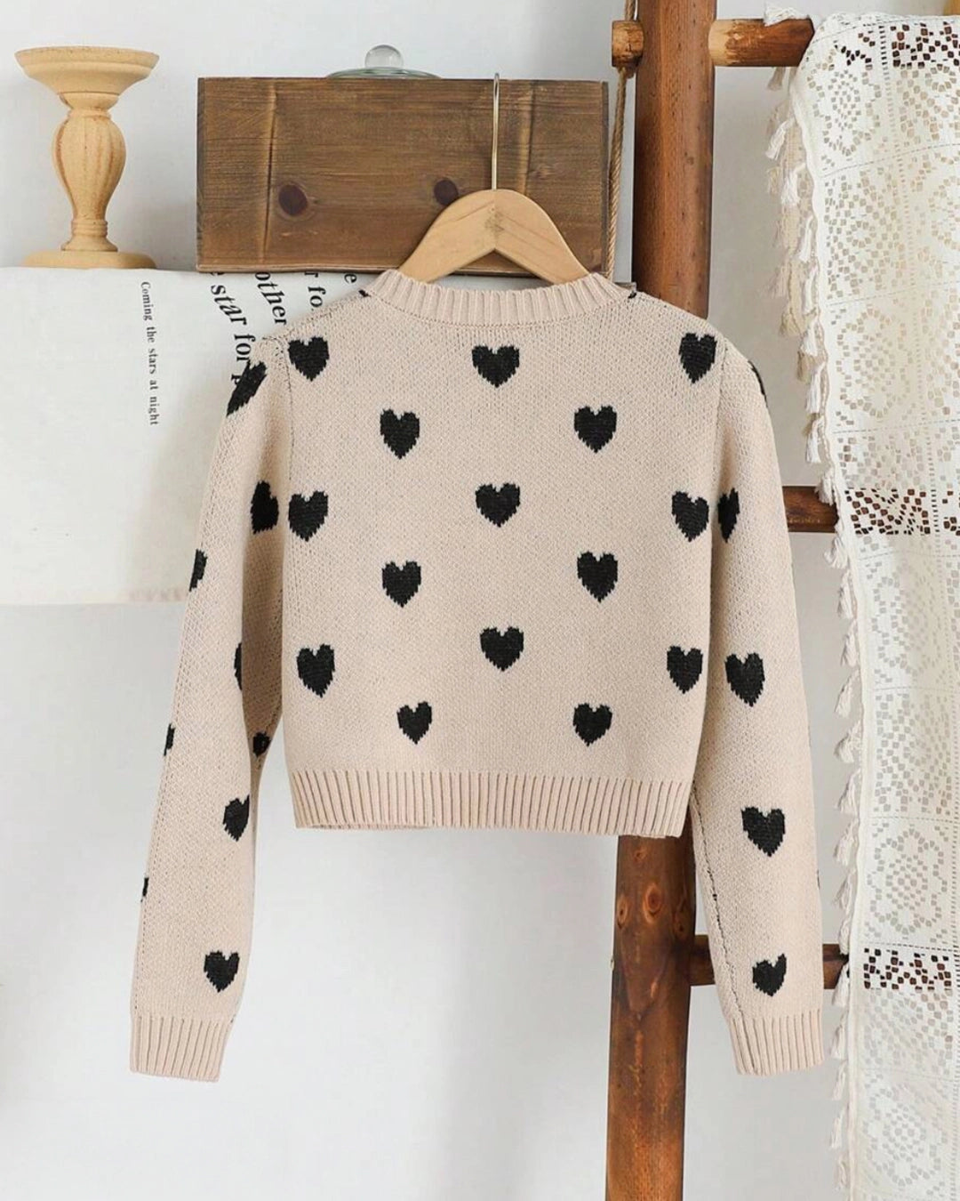 Tween Girls' Heart Pattern Knit Cardigan with Bow Detail