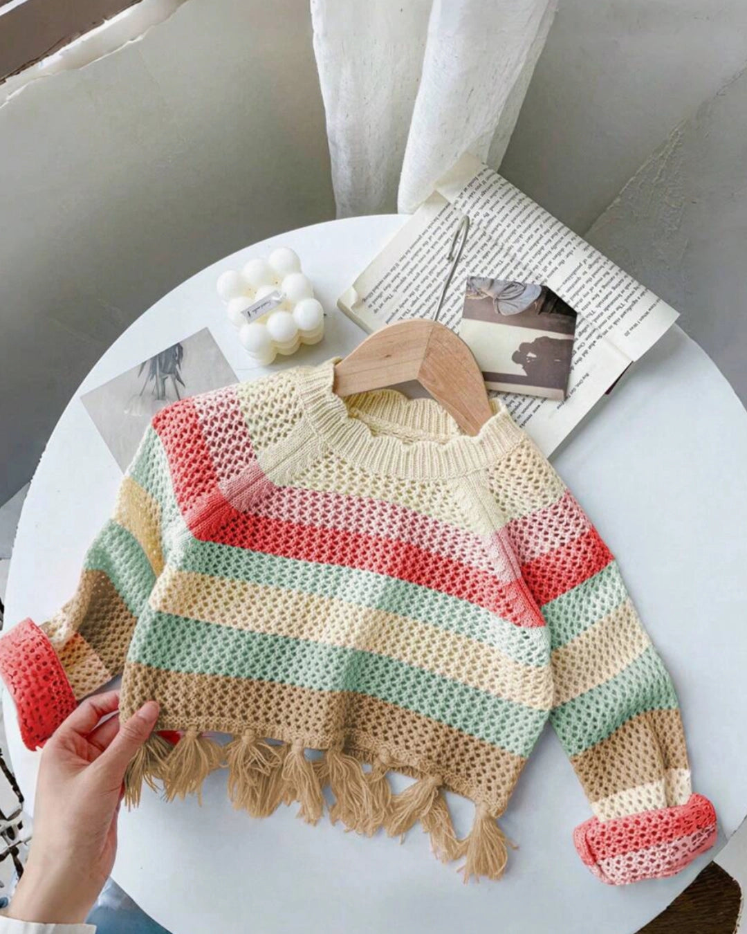 Young Girls' Rainbow Patchwork Fringe Knit Sweater