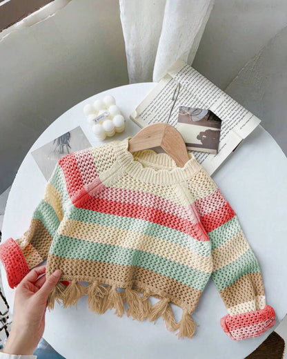 Young Girls' Rainbow Patchwork Fringe Knit Sweater