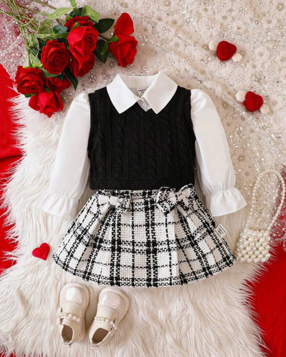 Baby Girl Puff Sleeve Top & Gingham Skirt with Vest Set