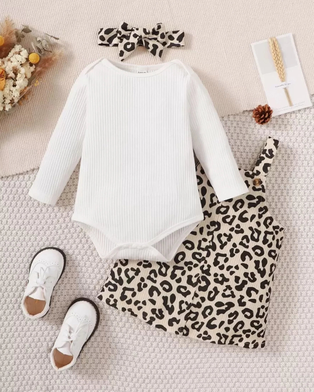 Baby Girl Solid Bodysuit, Leopard Overall Dress & Headband 3pcs Set