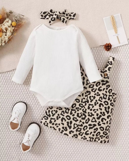 Baby Girl Solid Bodysuit, Leopard Overall Dress & Headband 3pcs Set
