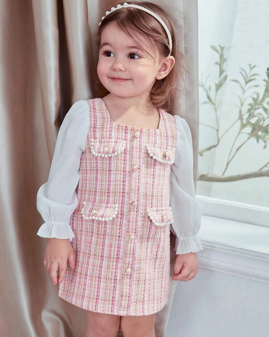 Baby Girl Plaid Splicing Square Collar Long Sleeve Dress