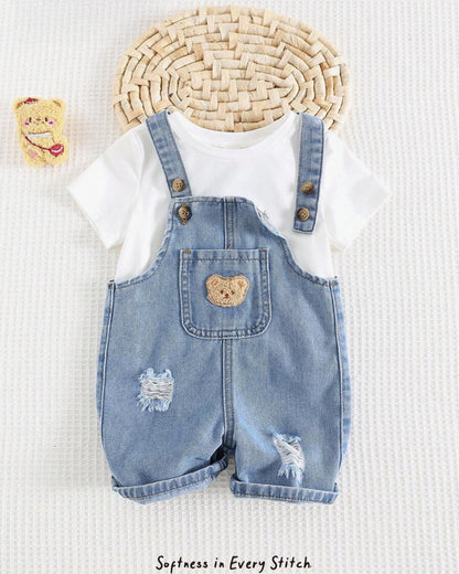Baby Boy Bear Graphic Denim Bib Shorts
