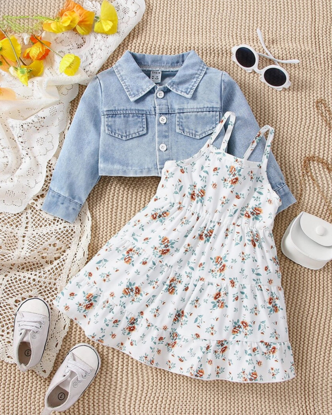 Baby Girl Denim Jacket & Floral Cami Dress Set