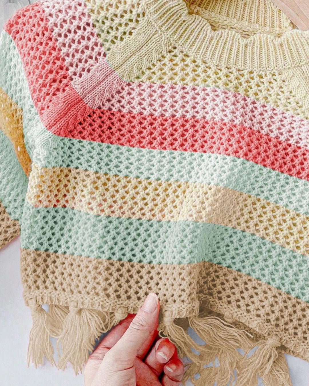 Young Girls' Rainbow Patchwork Fringe Knit Sweater