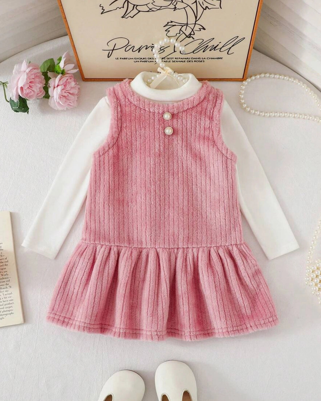 Baby Girl Fluffy Pink Dress & Turtleneck Set