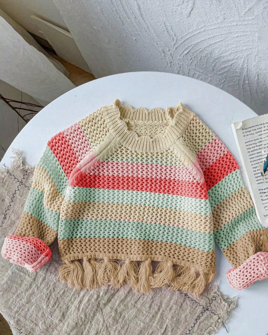 Young Girls' Rainbow Patchwork Fringe Knit Sweater