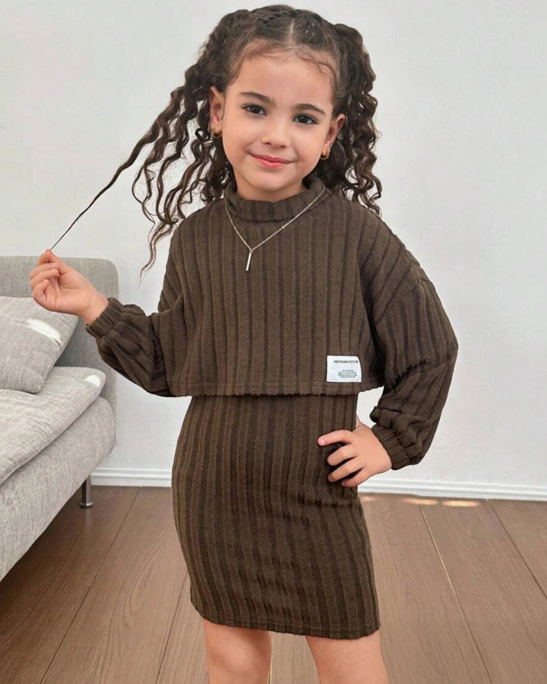 Young Girl Solid Knit Sweater & Slip Dress 2pcs Set