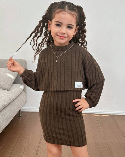 Young Girl Solid Knit Sweater & Slip Dress 2pcs Set