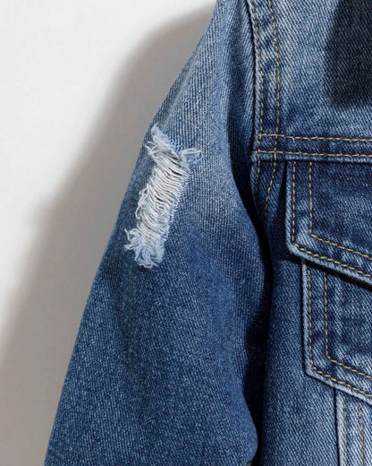 Young Boy Ripped Denim Jacket with Flap Pockets