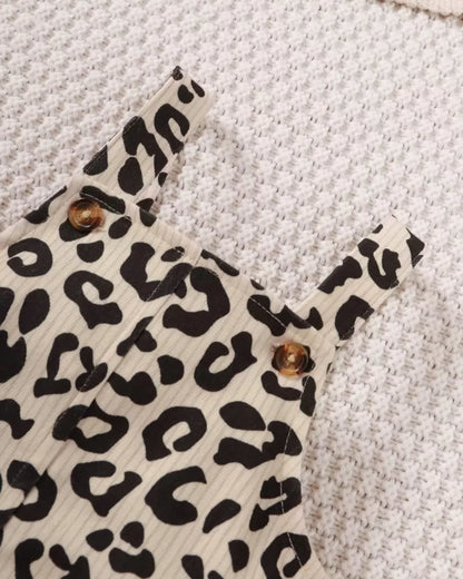 Baby Girl Solid Bodysuit, Leopard Overall Dress & Headband 3pcs Set