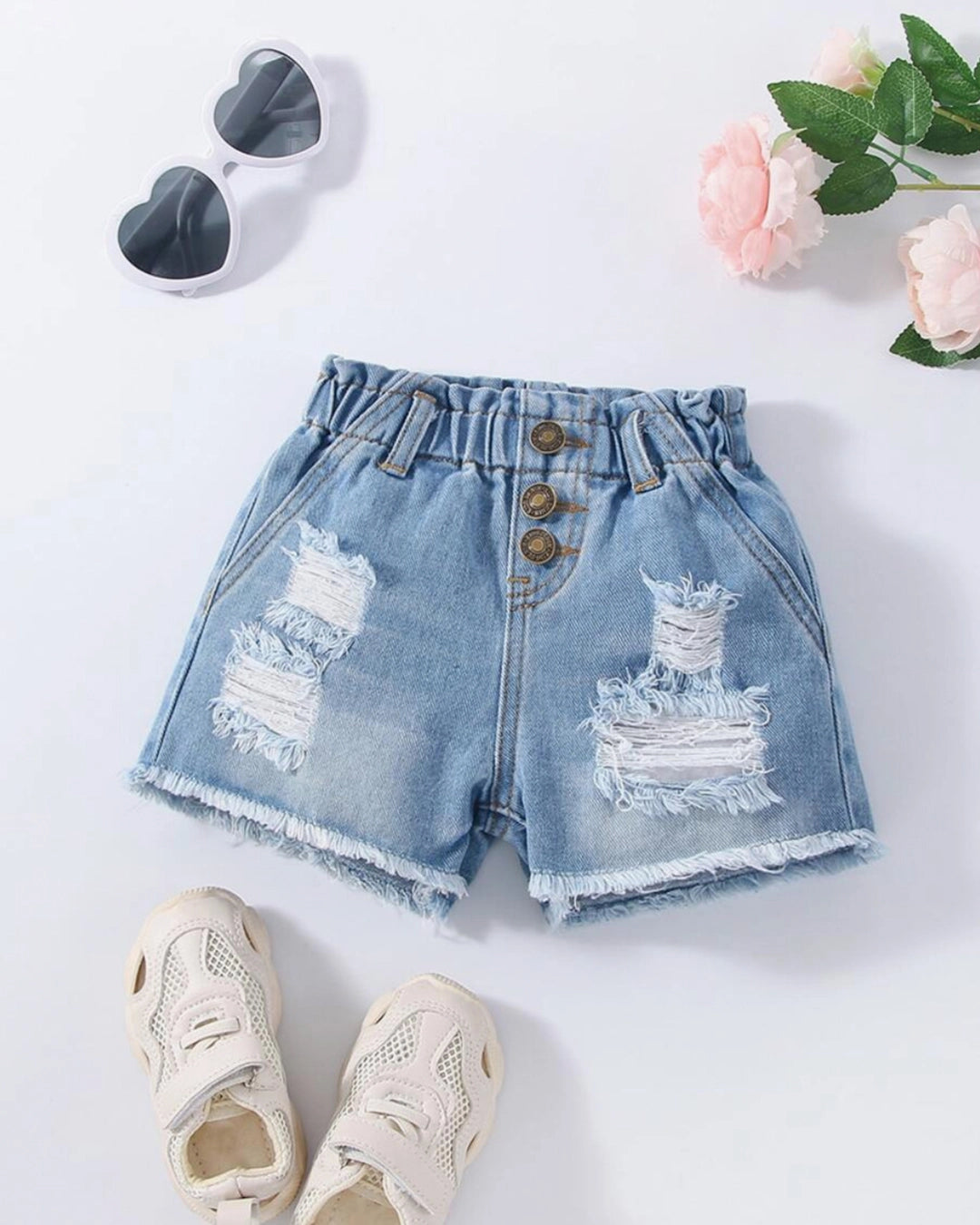 Baby Girl Distressed Denim Paperbag Shorts