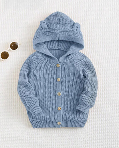 Baby Boy Knit Cardigan – Blue Hooded Sweater with 3D Ears