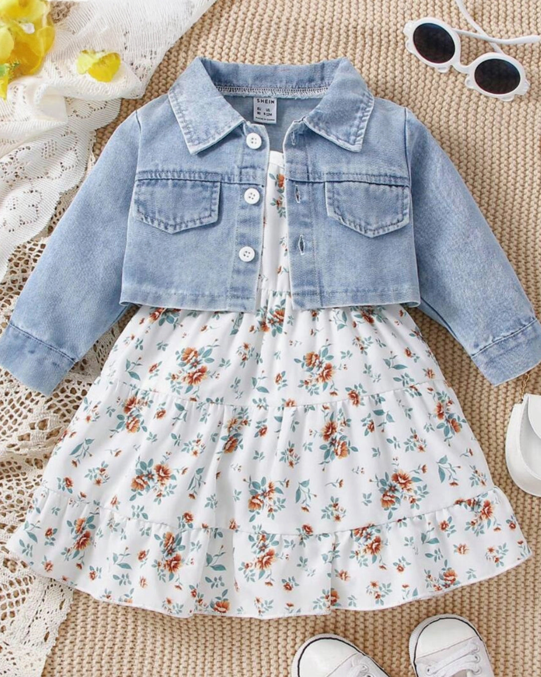 Baby Girl Denim Jacket & Floral Cami Dress Set