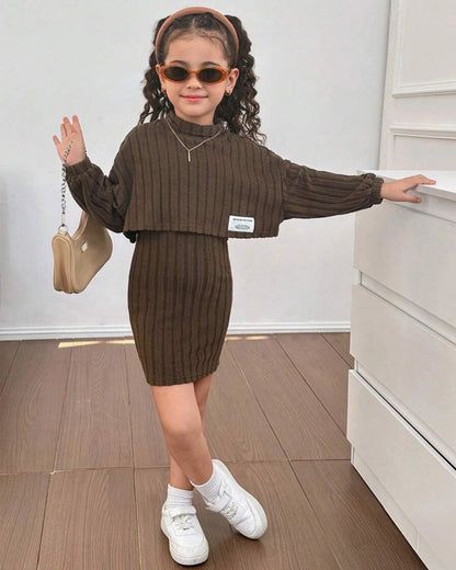 Young Girl Solid Knit Sweater & Slip Dress 2pcs Set