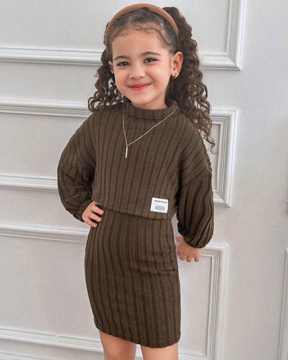 Young Girl Solid Knit Sweater & Slip Dress 2pcs Set