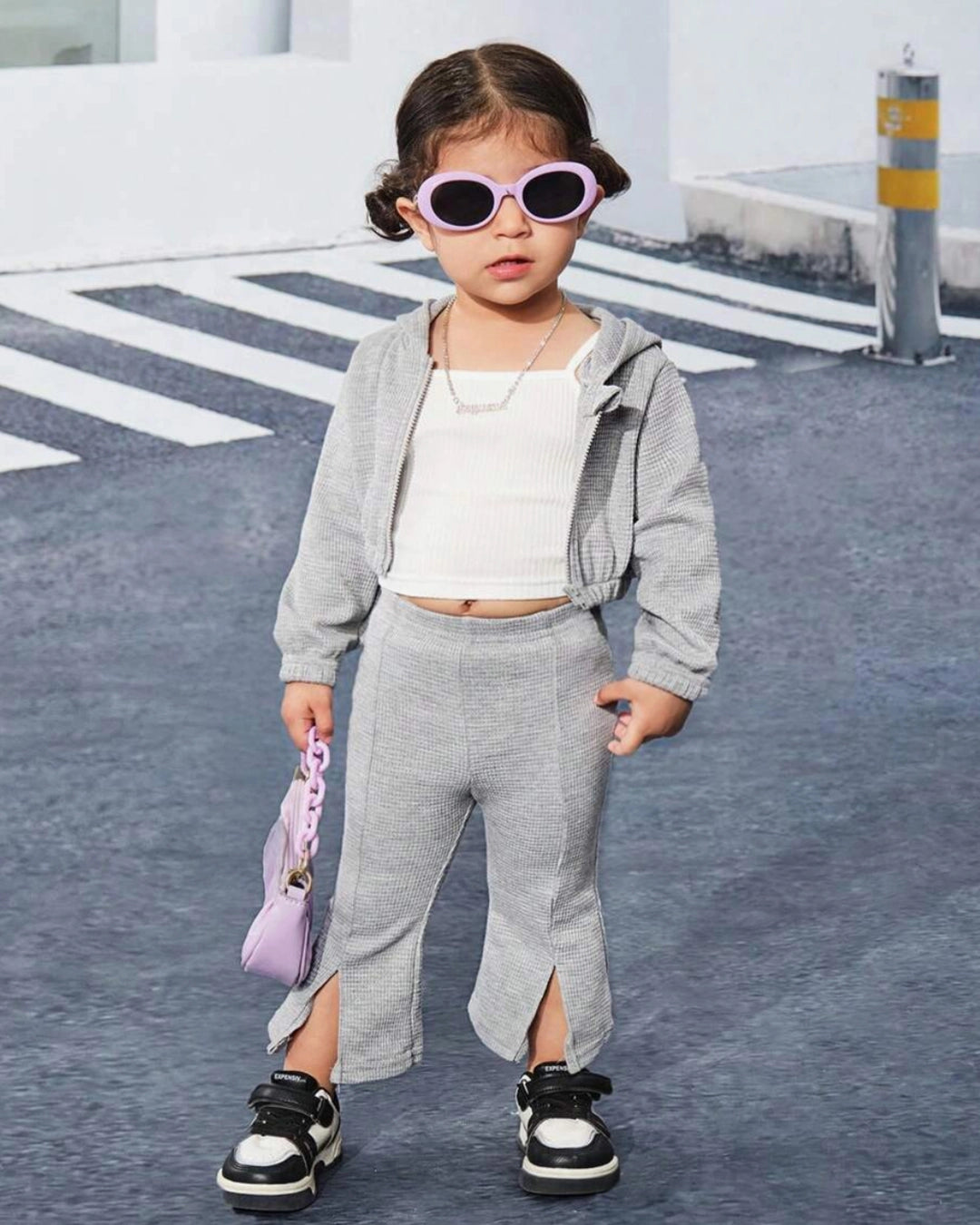 Baby Girl Waffle Knit Hooded Jacket & Flare Pants Set 2pcs