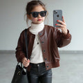 Girls Brown PU Leather Jacket – Street Style Round Neck