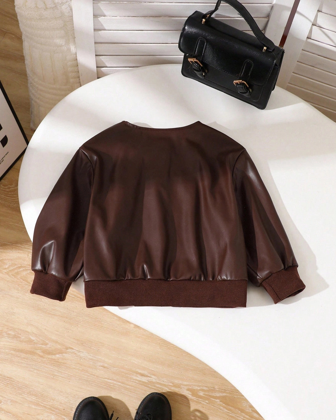 Girls Brown PU Leather Jacket – Street Style Round Neck