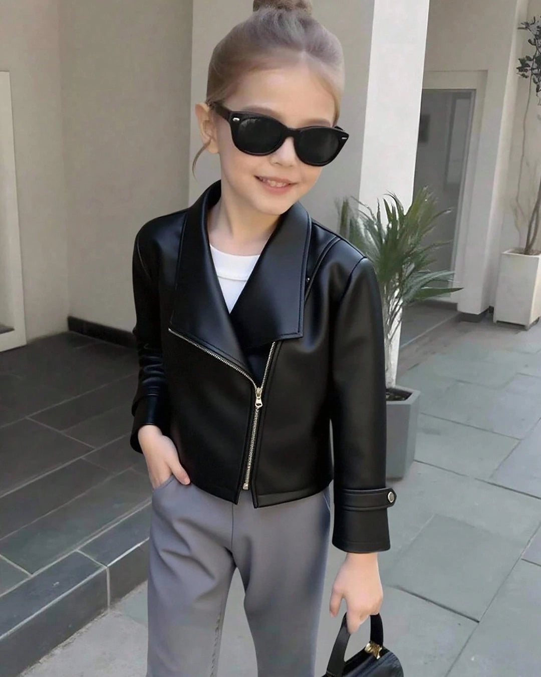 Girls' Faux Leather Jacket – Autumn Streetwear