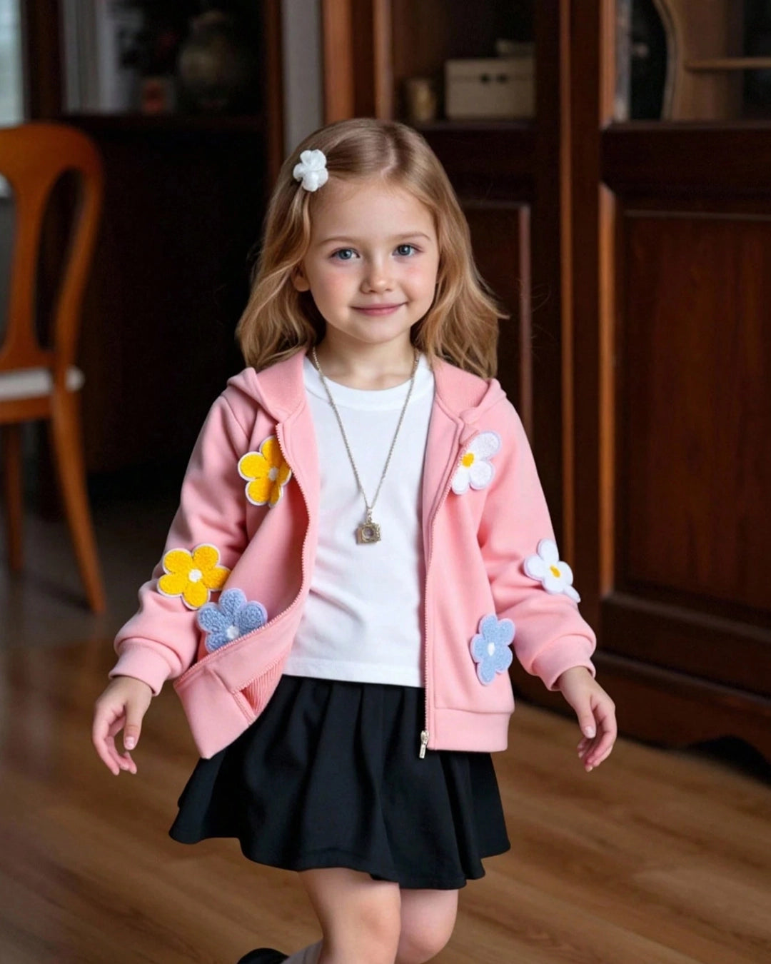 Girls Pink Hoodie with Floral Appliques – Jacket for Fall/Winter