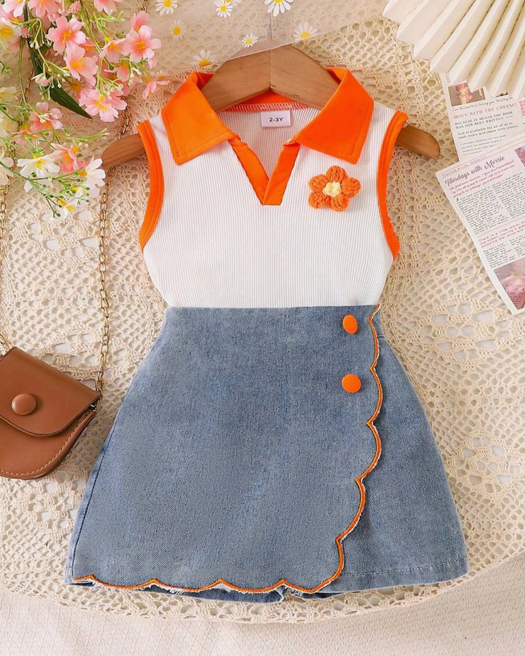 Girls' 3D Floral Polo Top & Denim Ruffle Skort Set