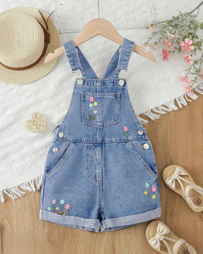 Girls' Floral Embroidered Denim Overall Shorts