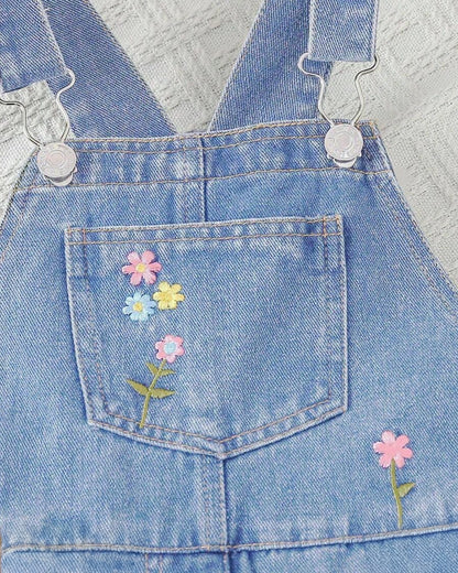 Girls' Floral Embroidered Denim Overall Shorts