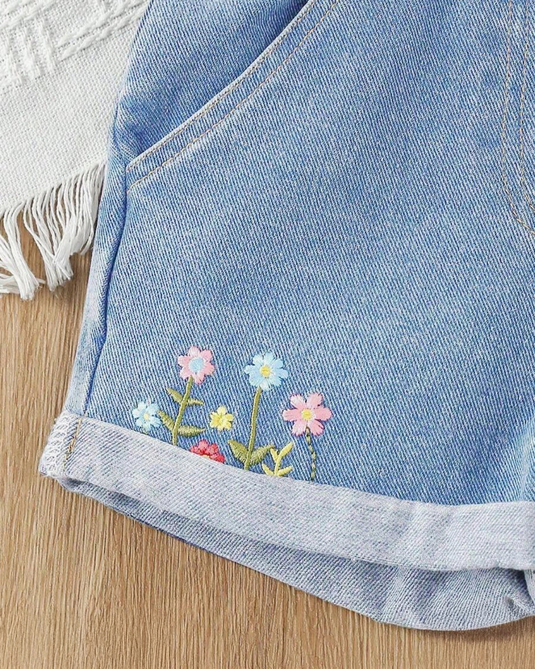 Girls' Floral Embroidered Denim Overall Shorts