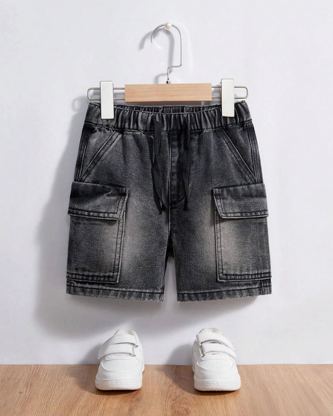 Boys' Washed Denim Cargo Shorts with Drawstring Waist