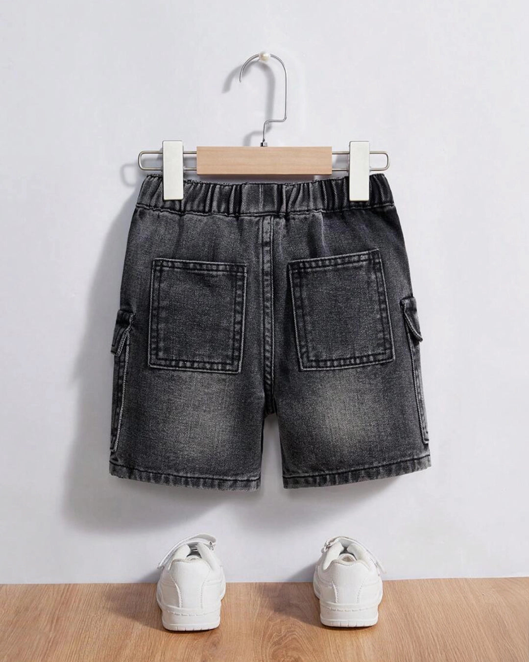 Boys' Washed Denim Cargo Shorts with Drawstring Waist