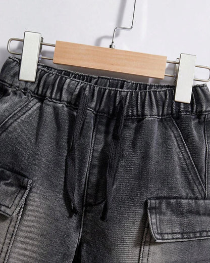 Boys' Washed Denim Cargo Shorts with Drawstring Waist