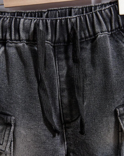 Boys' Washed Denim Cargo Shorts with Drawstring Waist