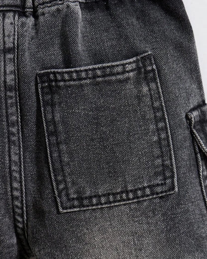 Boys' Washed Denim Cargo Shorts with Drawstring Waist