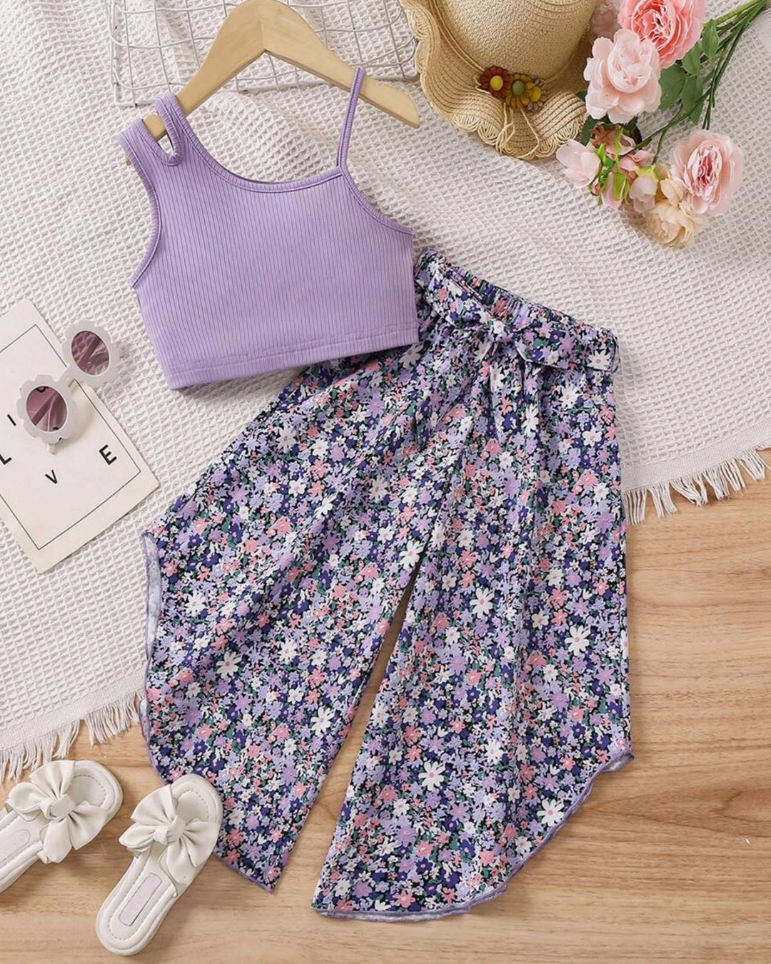 Girls' Solid Top & Printed Wide-Leg Pants Set