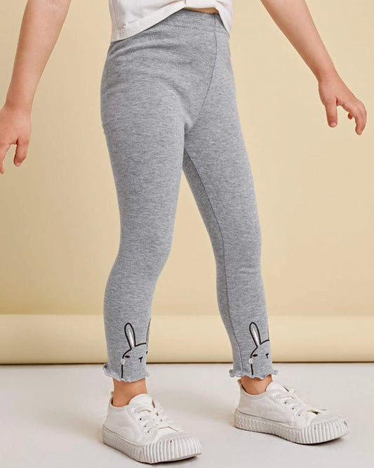 Girls' Rabbit Embroidery Lettuce Trim Leggings