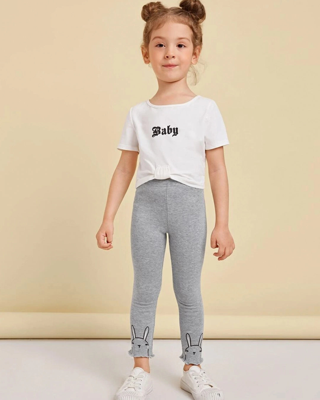 Girls' Rabbit Embroidery Lettuce Trim Leggings