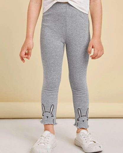 Girls' Rabbit Embroidery Lettuce Trim Leggings