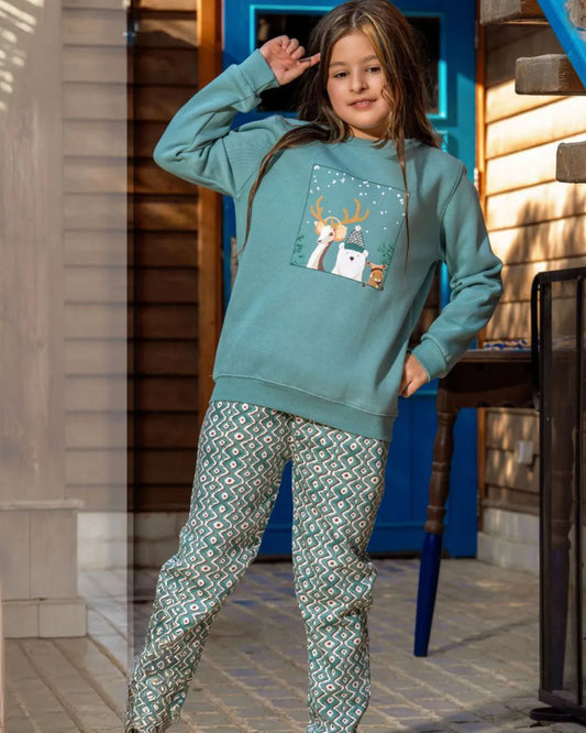 Girls Winter Pajama Set – Animal Print Sweatshirt